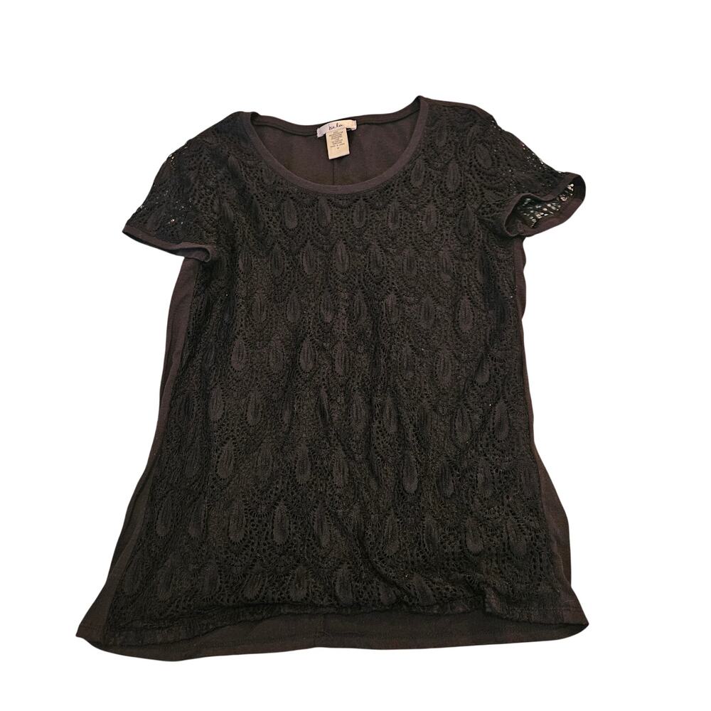 Isela Women’s Black Lace Front Top Medium Short Sleeve Sheer Overlay Blouse